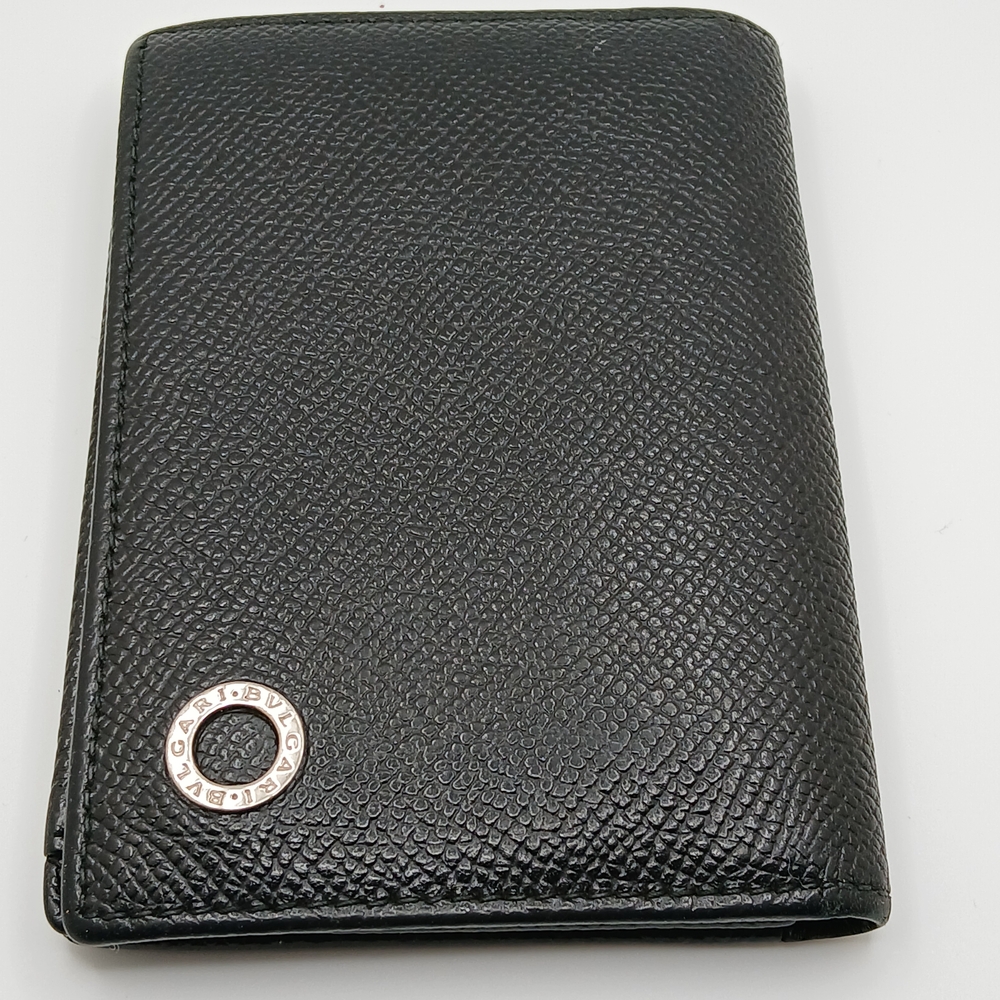 Bulgari Black Textured Leather Wallet with Silver Logo Disc